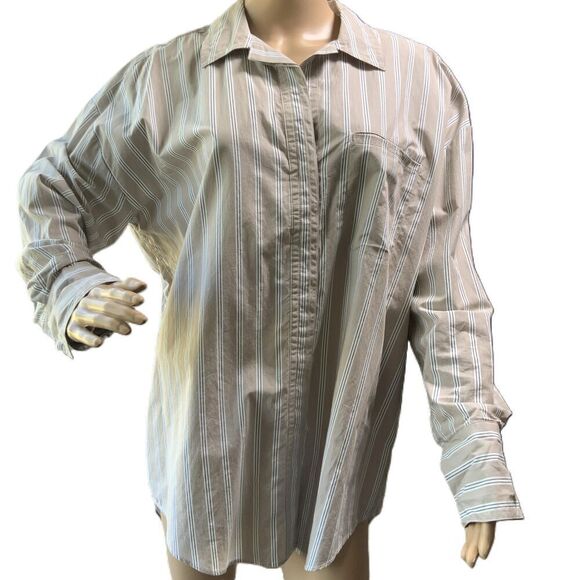 Banana Republic Beige Striped Long Sleeve Button Up Coastal Collared Shirt Large - Picture 1 of 16